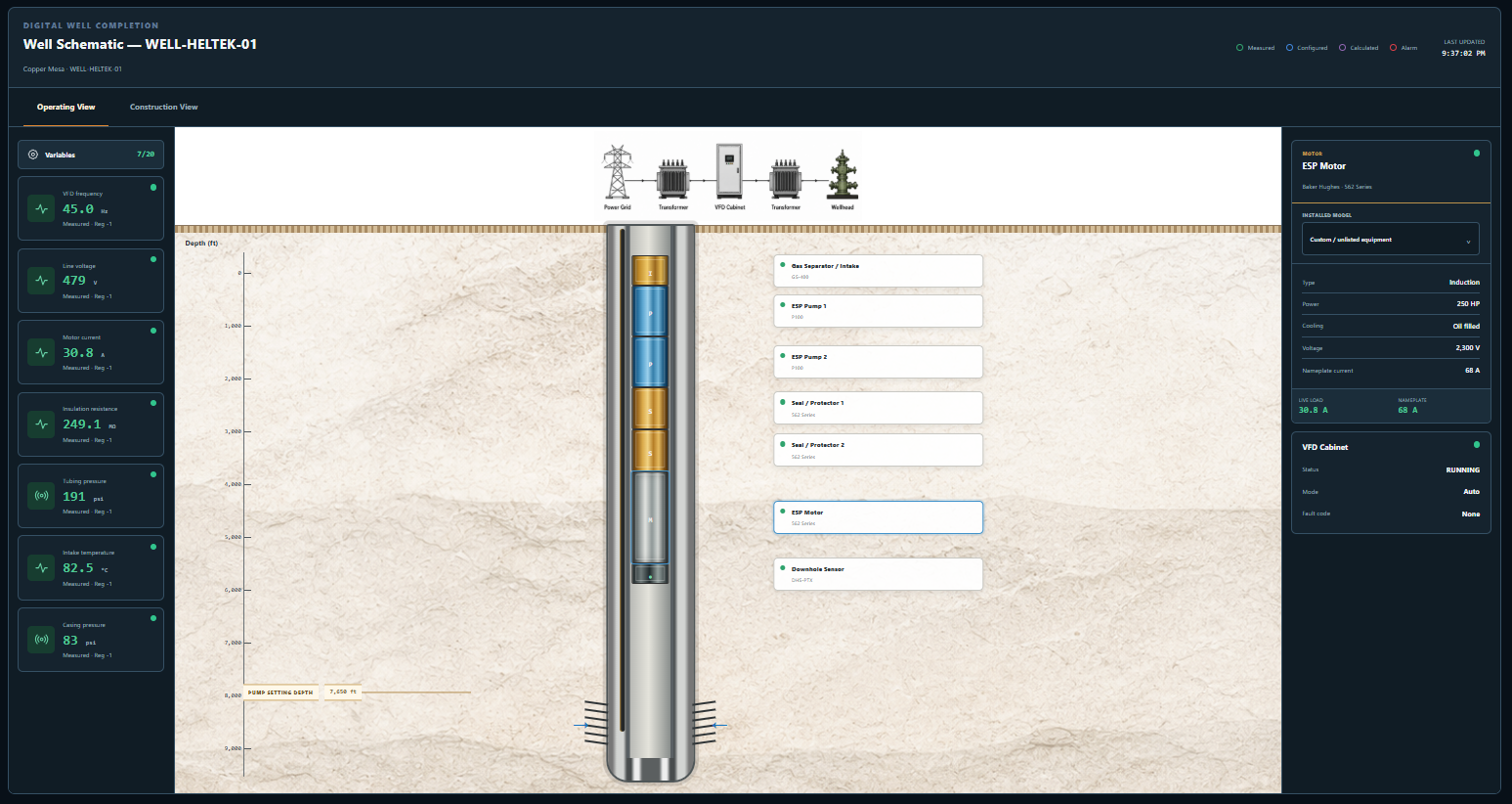 WellboreBridge digital well schematic showing the surface power train and downhole ESP completion
